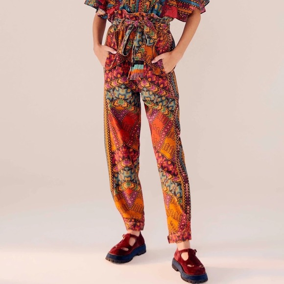 FARM RIO NWT Yawanawa Stripes Paperbag Pants Beaded Anthropologie New Small - Picture 1 of 11